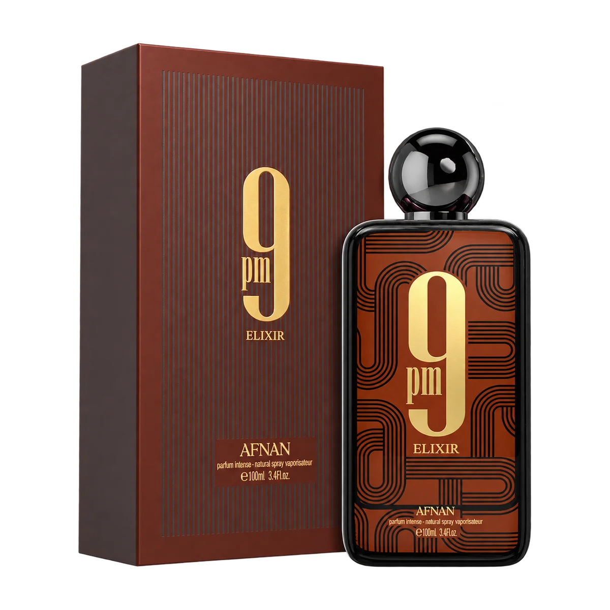 Afnan 9PM Elixir, bottle and retail box