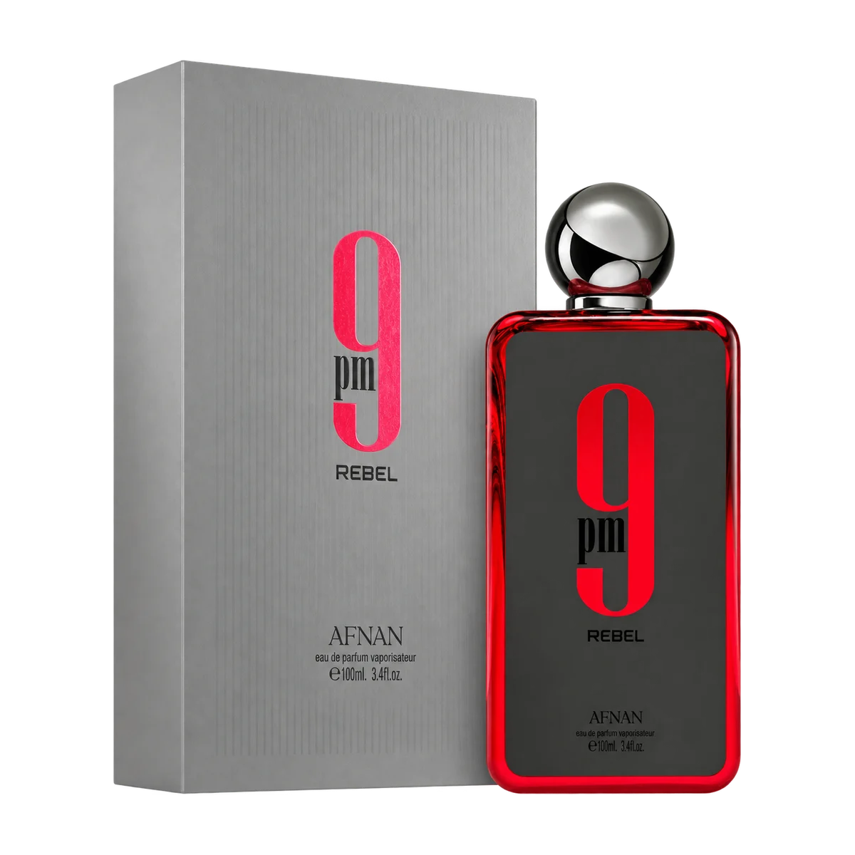Afnan 9PM Rebel, bottle and retail box