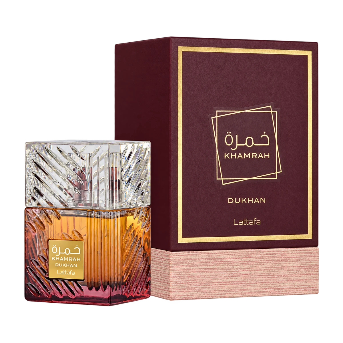 Lattafa Khamrah Dukhan, bottle and retail box