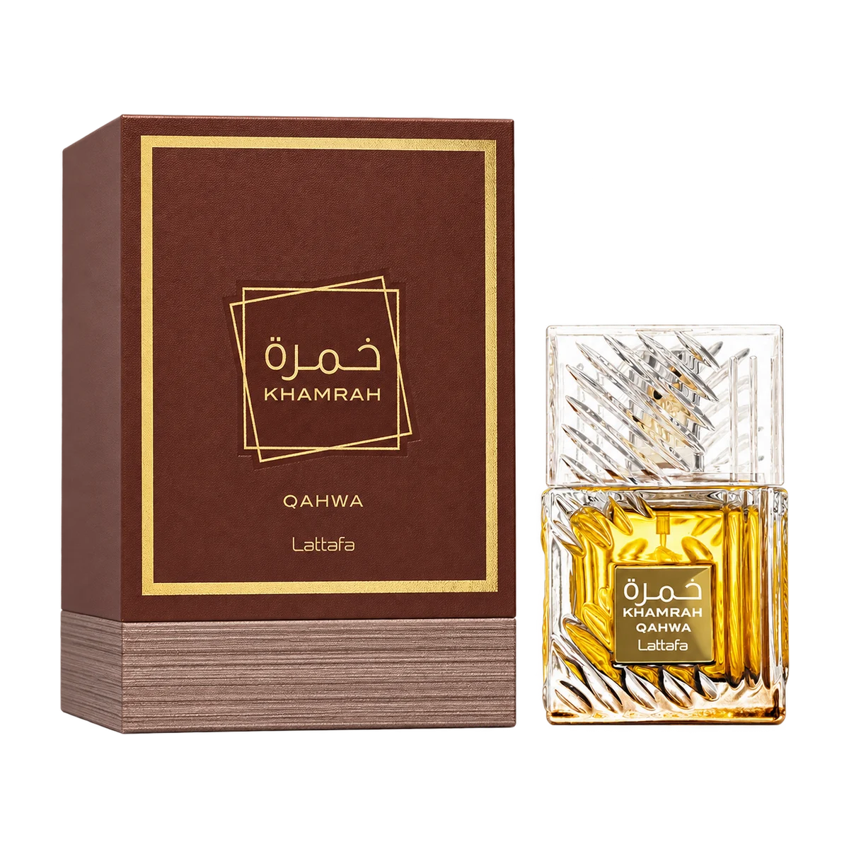 Lattafa Khamrah Qahwa, bottle and retail box
