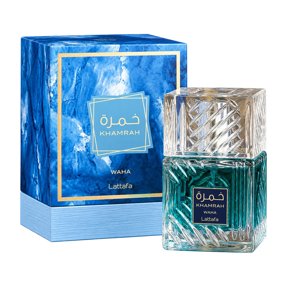 Lattafa Khamrah Waha, bottle and retail box