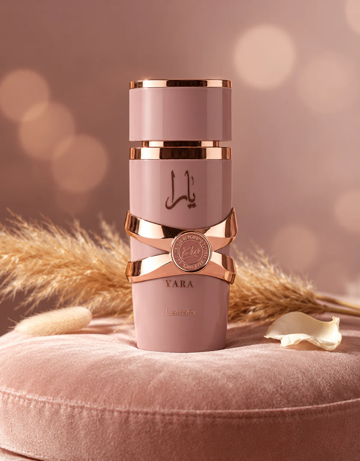 Lattafa Yara Elixir with rose-gold ribbons on a blush velvet plinth, with pampas grass and warm soft light.