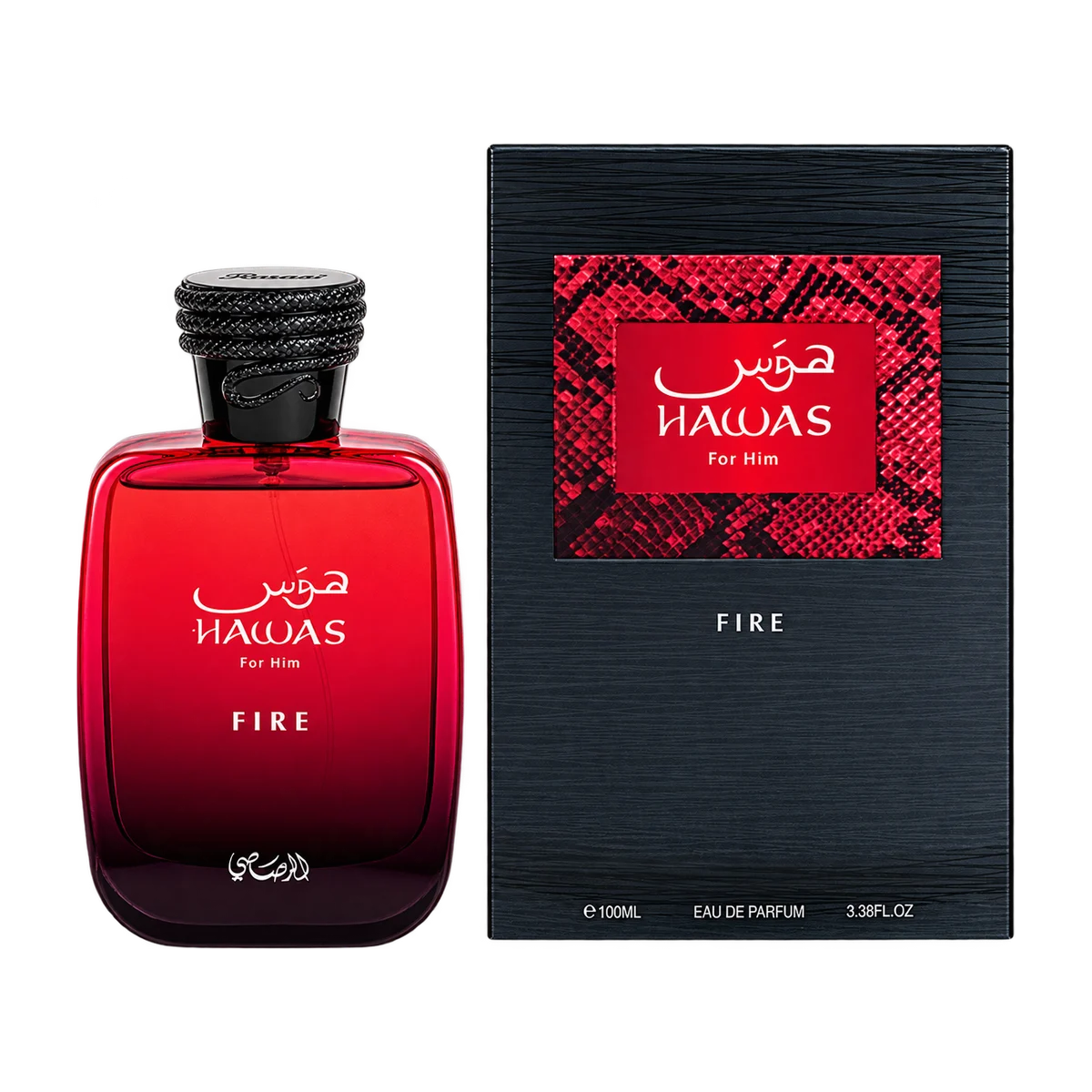 Rasasi Hawas Fire, bottle and retail box